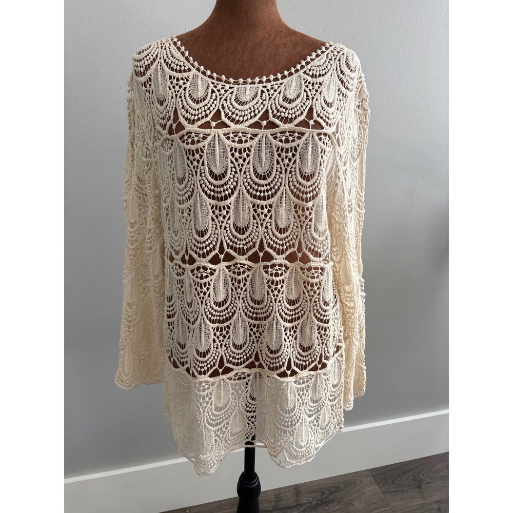 Venice Blue Cream Crochet Lace Tunic Top Bell Sleeve Free‎ Size Boho Beach